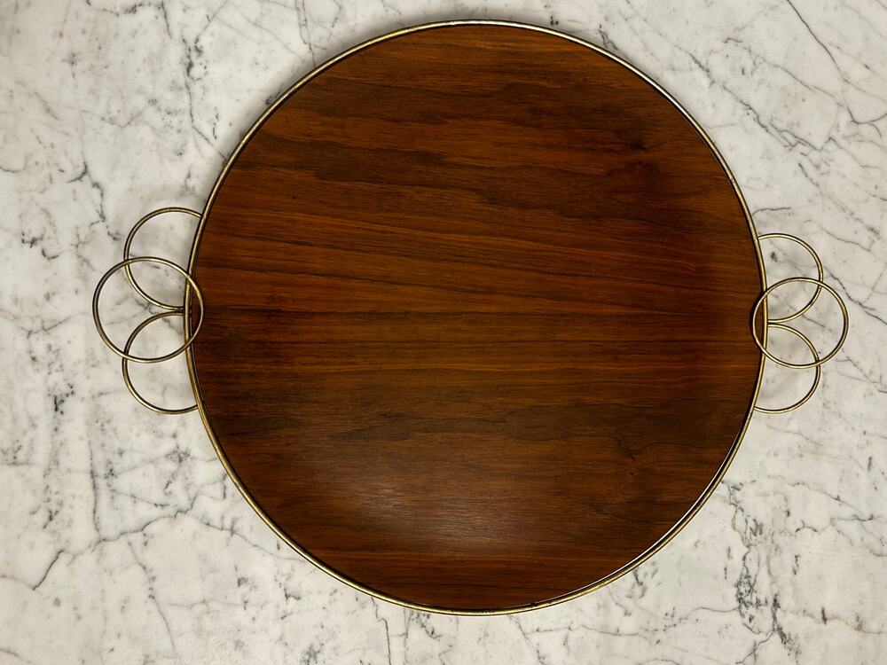 Vintage Brass and Bent Wood Teak Handled Large Serving Decorative Tray MCM 18"